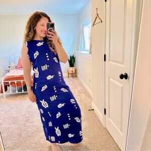 Vintage Superline USA Blue White Fish Sleeveless Maxi Dress Medium